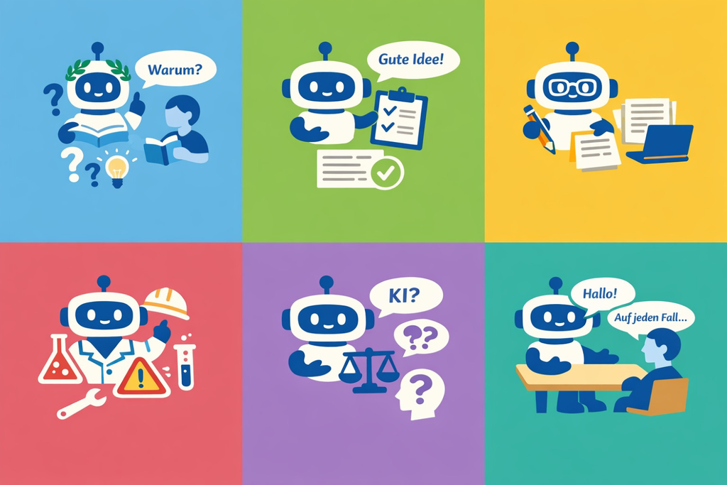 Six panels depicting a robot in various roles: student, planner, writer, scientist, judge, and peer.