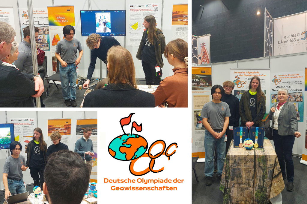 Gruppenfoto an einem Messestand der Deutschen Olympiade der Geowissenschaften mit Plakaten, Banner, Laptop und Tafel.