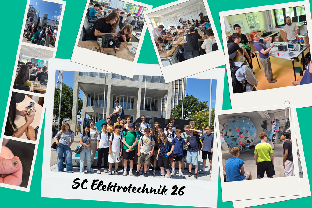 Collage of photos showing students in electronics classes and a group photo titled "SC Elektrotechnik 26".