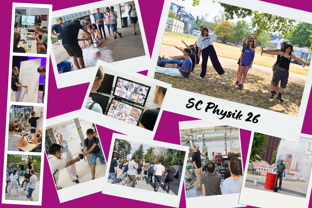 Eine Fotocollage mit mehreren Polaroid-Fotos auf lila Hintergrund zeigt Jugendliche bei verschiedenen Aktivitäten des Science Camps Physik 26, darunter Experimente, Gruppenarbeiten und Präsentationen.