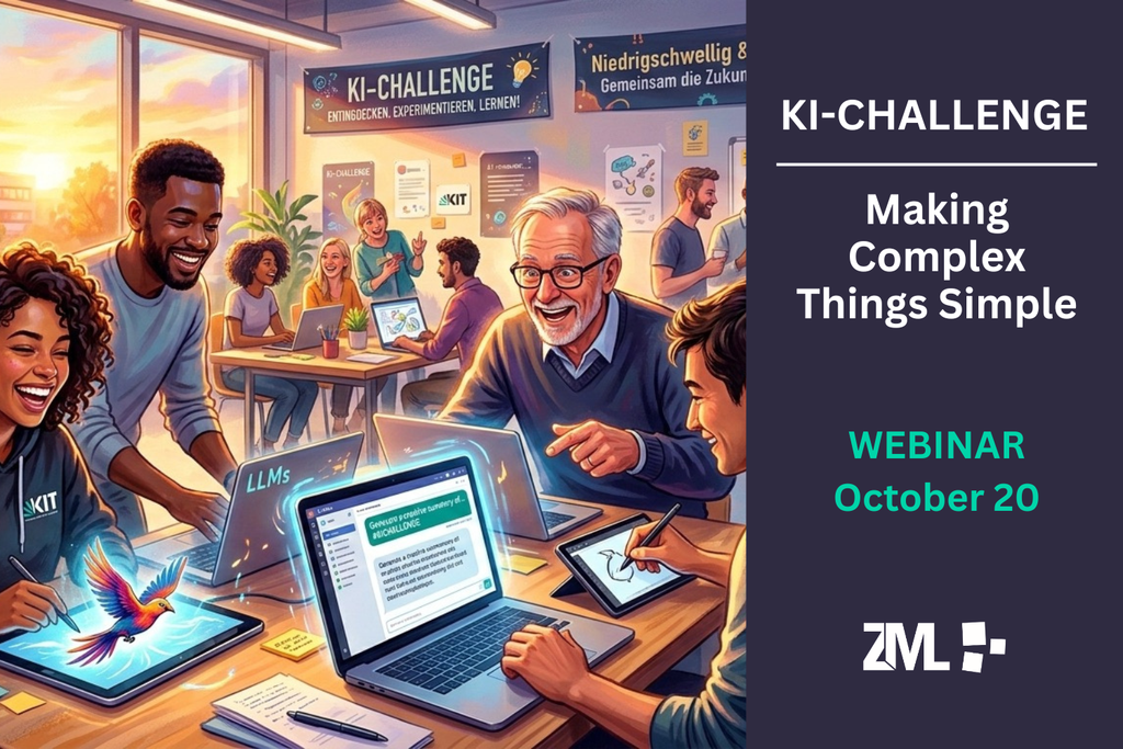 Diverse group of people collaborating on laptops for a "KI-Challenge" webinar on October 20.
