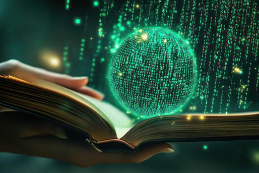 Offene Buchseite mit digitalem, grünen Globus- und Binärcode-Symbol aus Licht.